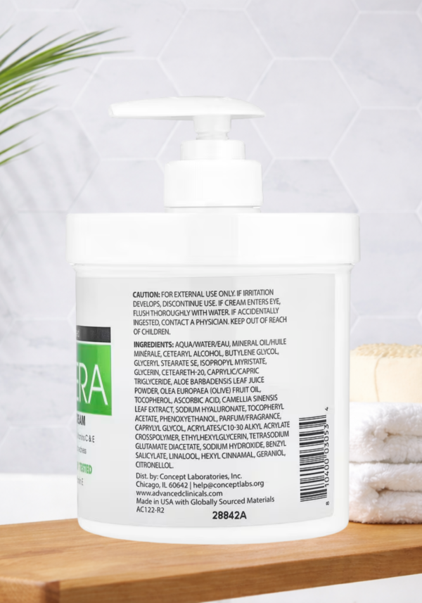 Advanced Clinicals Aloe Vera Cream - Soothes and Hydrates Dry Skin, Reduces Redness - With Vitamin C & E - 16 fl oz